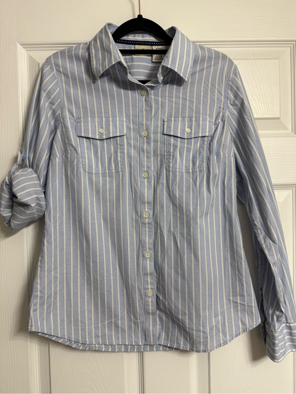 L.L. Bean Light Blue and White Striped Women's Button-Down Shirt